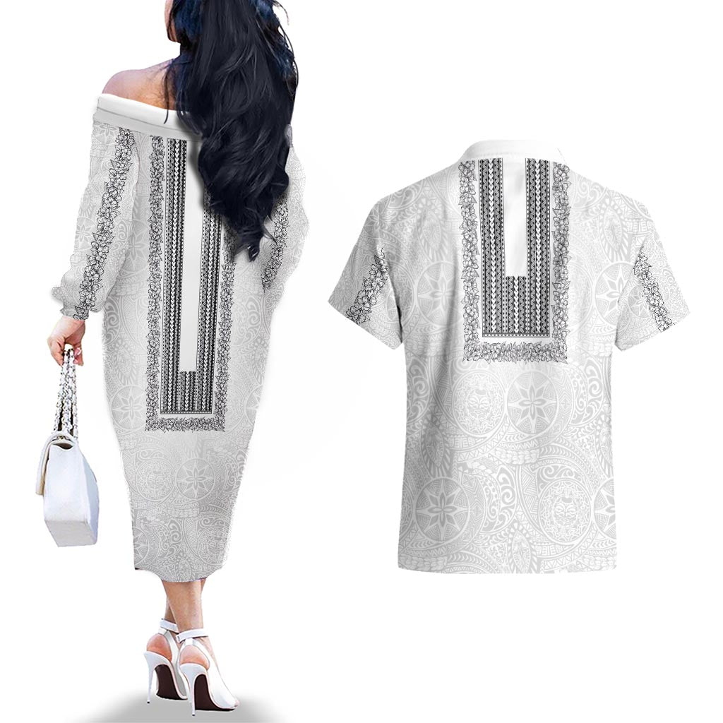 Philippines Polynesian Jasmine Pattern Couples Matching Off The Shoulder Long Sleeve Dress and Hawaiian Shirt With Barong Tagalog White Style