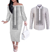 Philippines Polynesian Jasmine Pattern Couples Matching Off The Shoulder Long Sleeve Dress and Long Sleeve Button Shirt With Barong Tagalog White Style