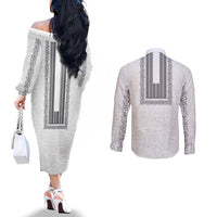 Philippines Polynesian Jasmine Pattern Couples Matching Off The Shoulder Long Sleeve Dress and Long Sleeve Button Shirt With Barong Tagalog White Style