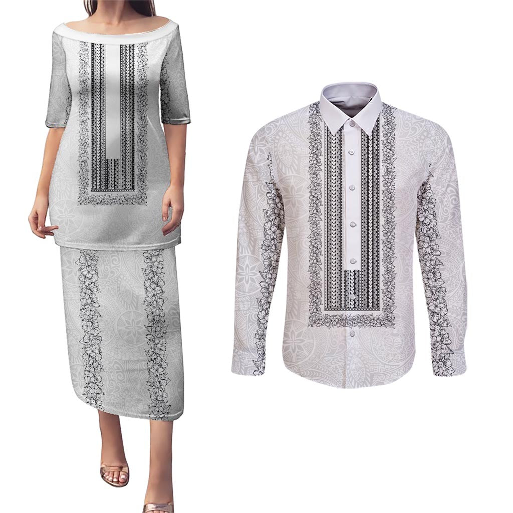 Philippines Polynesian Jasmine Pattern Couples Matching Puletasi and Long Sleeve Button Shirt With Barong Tagalog White Style