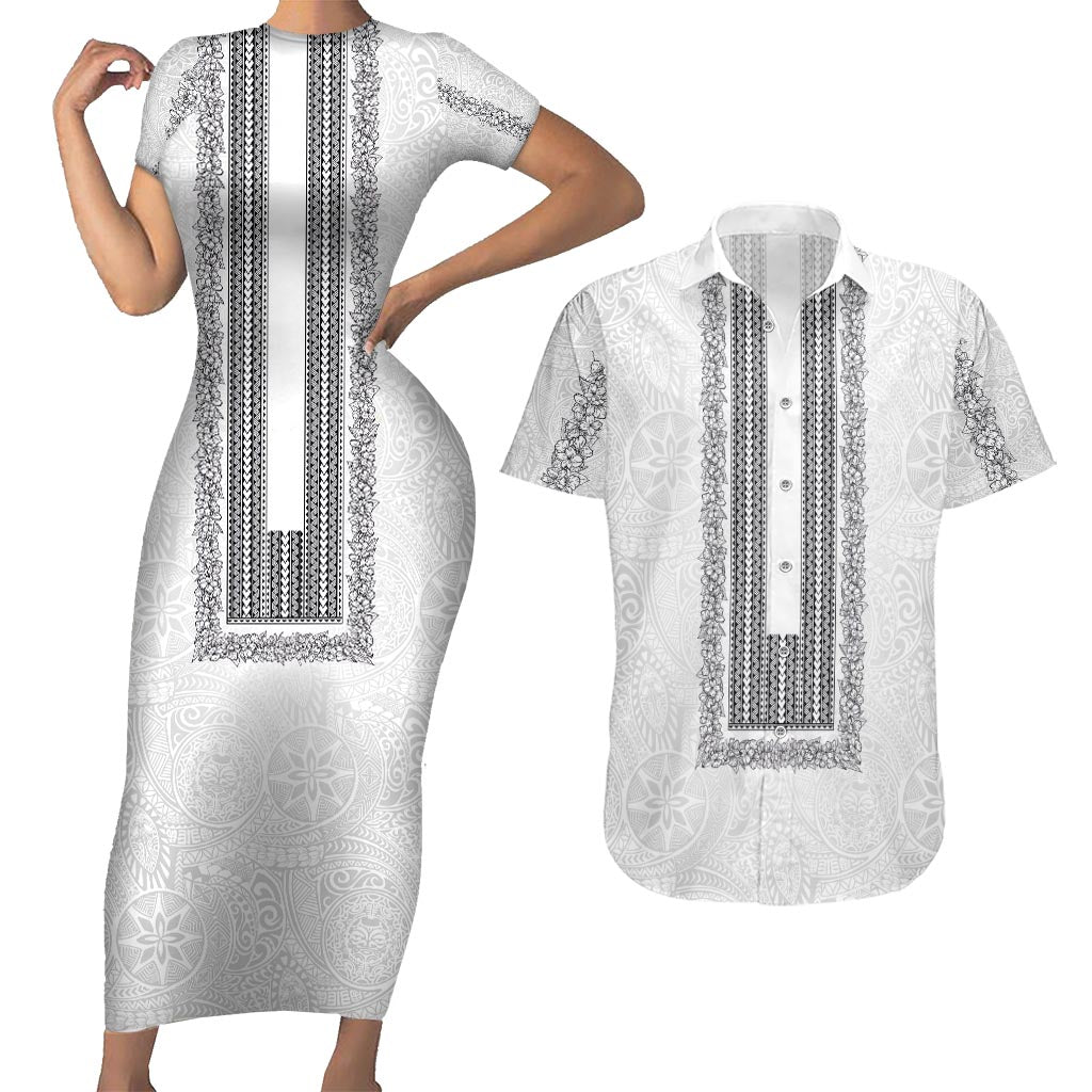 Philippines Polynesian Jasmine Pattern Couples Matching Short Sleeve Bodycon Dress and Hawaiian Shirt With Barong Tagalog White Style