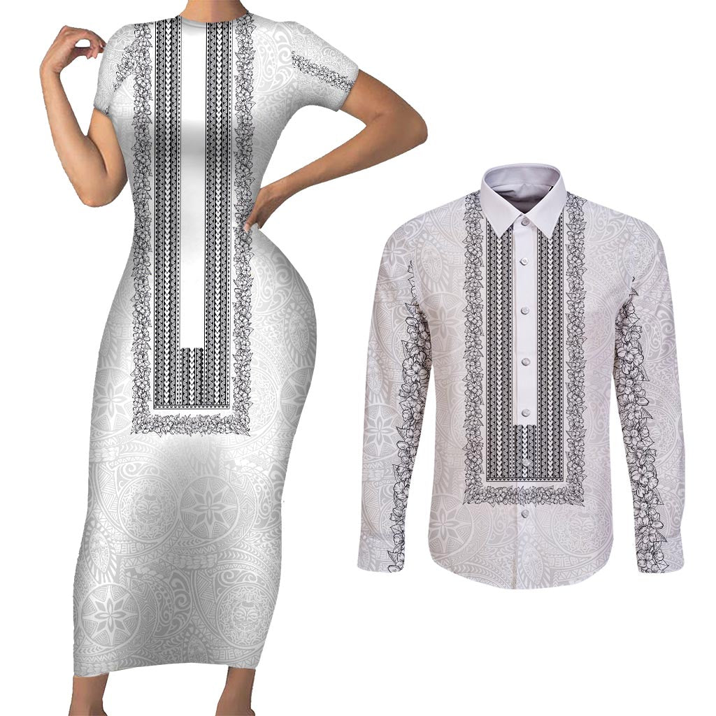 Philippines Polynesian Jasmine Pattern Couples Matching Short Sleeve Bodycon Dress and Long Sleeve Button Shirt With Barong Tagalog White Style