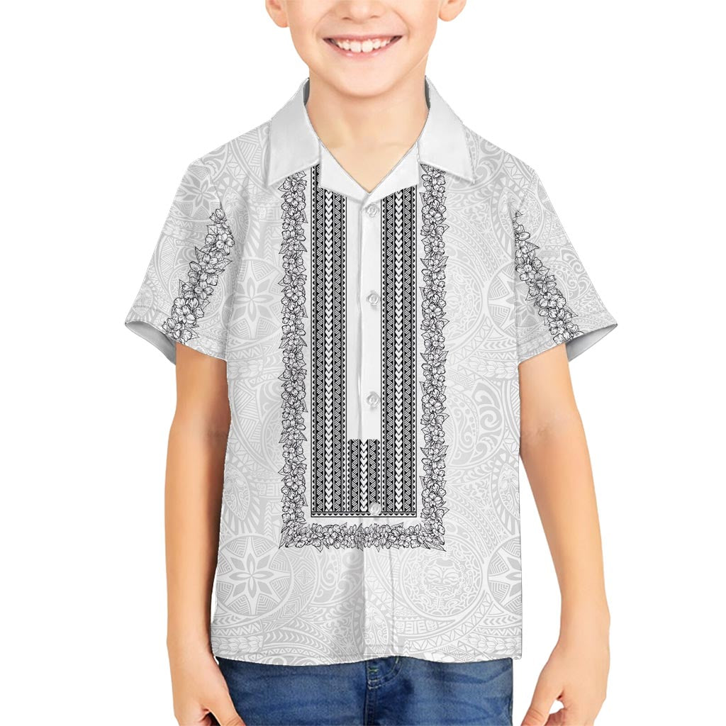 Philippines Polynesian Jasmine Pattern Family Matching Off Shoulder Short Dress and Hawaiian Shirt With Barong Tagalog White Style