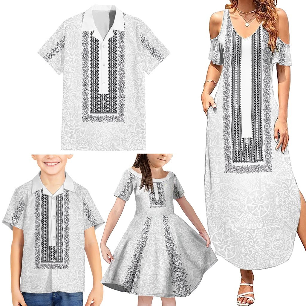 Philippines Polynesian Jasmine Pattern Family Matching Summer Maxi Dress and Hawaiian Shirt With Barong Tagalog White Style