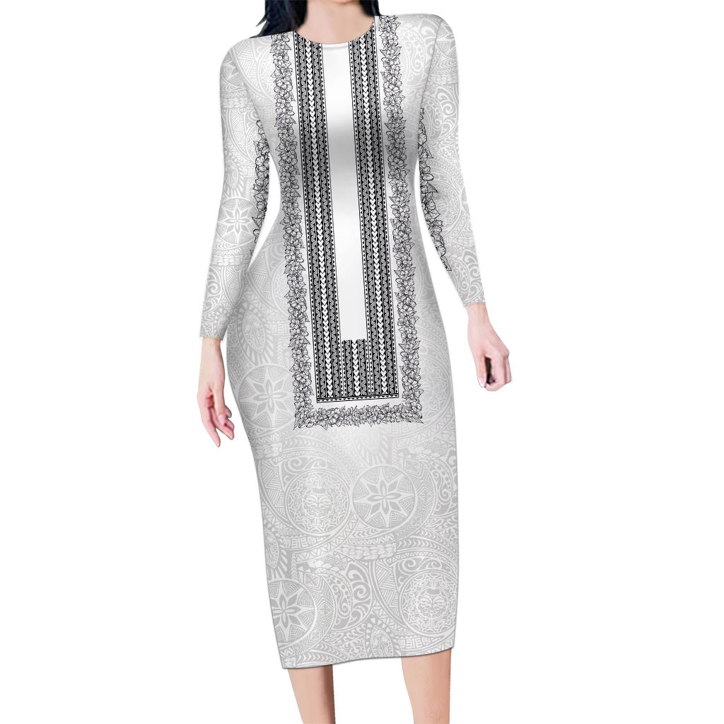 Philippines Polynesian Jasmine Pattern Long Sleeve Bodycon Dress With Barong Tagalog White Style