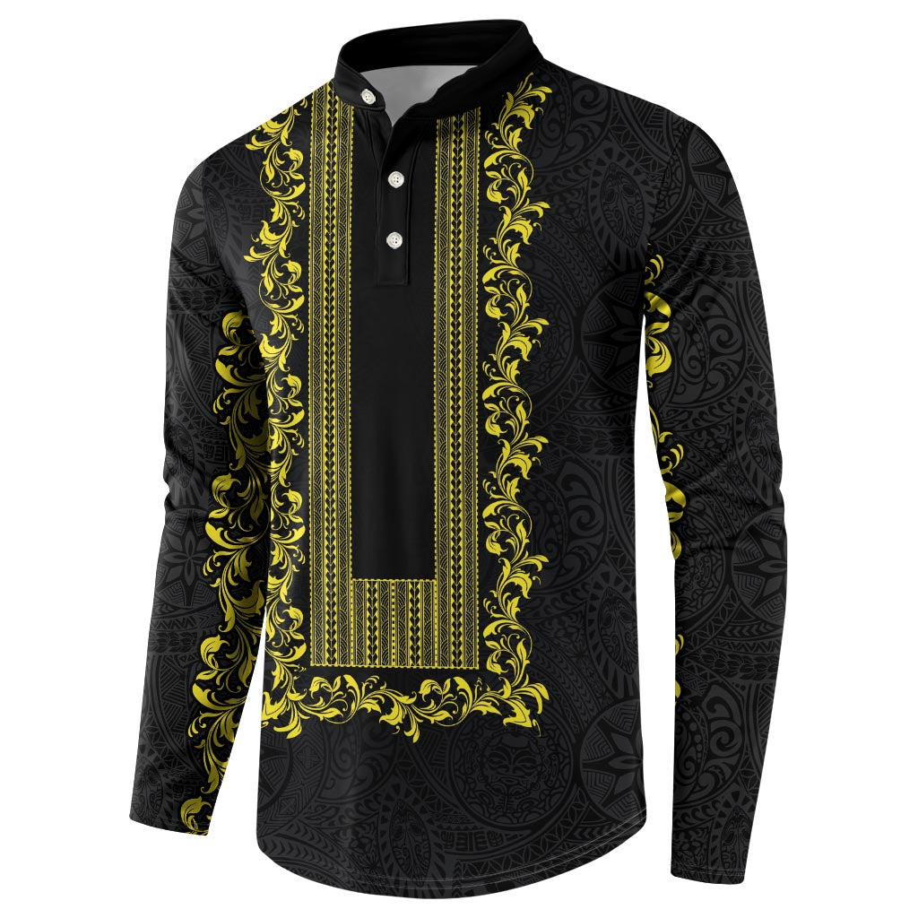 Philippines Polynesian Floral Pattern Button Sweatshirt With Barong Tagalog Black Style