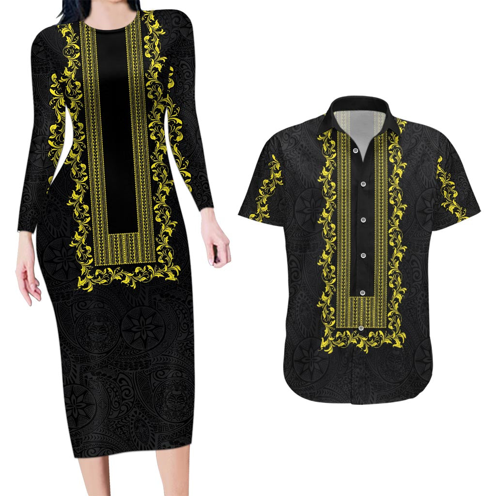 Philippines Polynesian Floral Pattern Couples Matching Long Sleeve Bodycon Dress and Hawaiian Shirt With Barong Tagalog Black Style