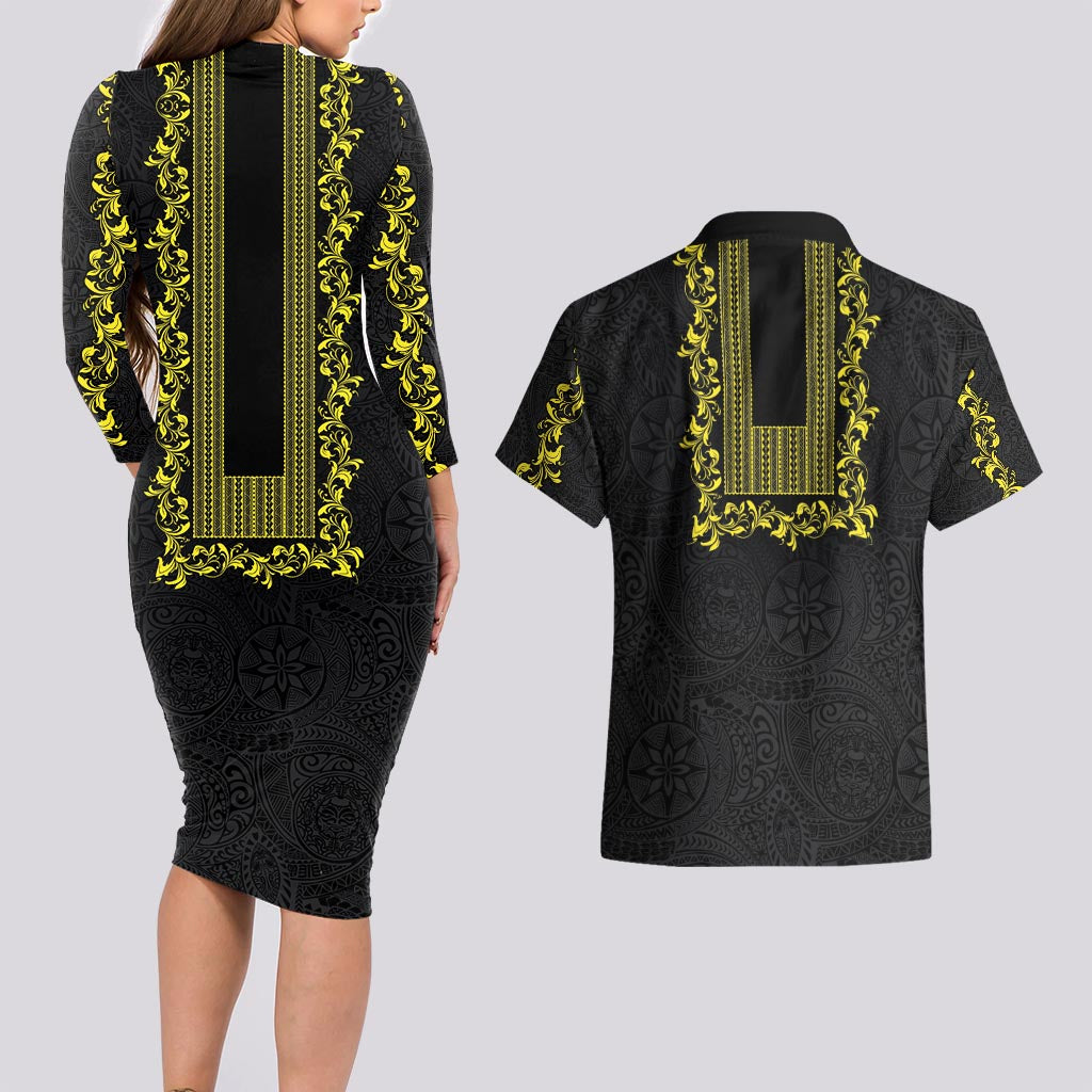 Philippines Polynesian Floral Pattern Couples Matching Long Sleeve Bodycon Dress and Hawaiian Shirt With Barong Tagalog Black Style