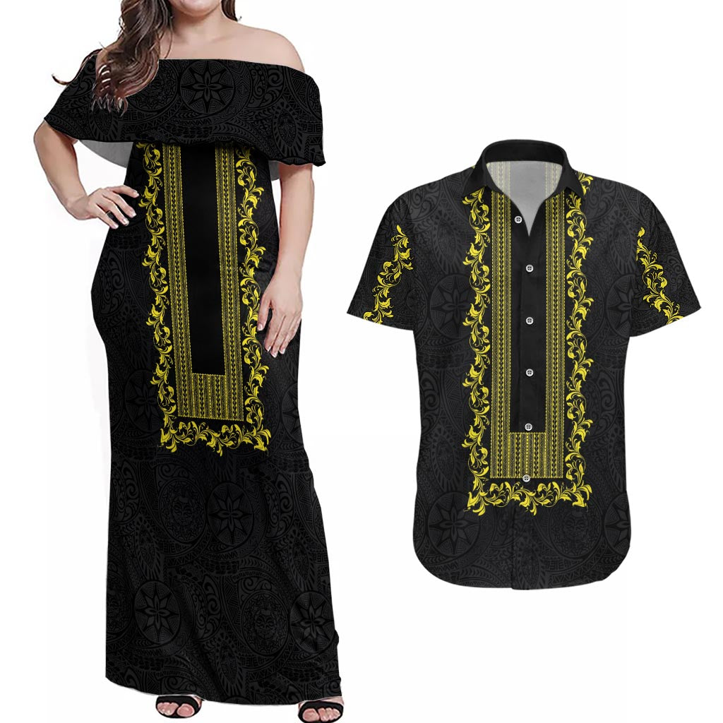 Philippines Polynesian Floral Pattern Couples Matching Off Shoulder Maxi Dress and Hawaiian Shirt With Barong Tagalog Black Style