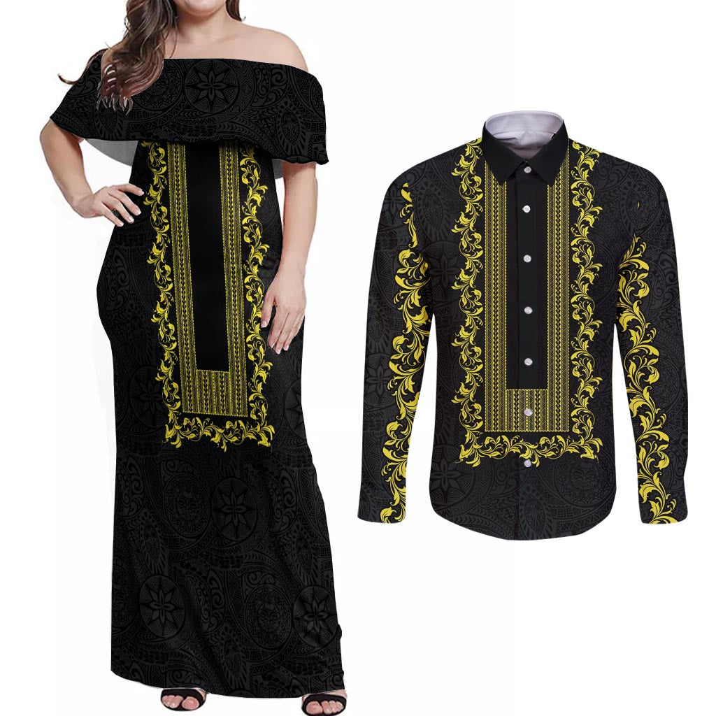 Philippines Polynesian Floral Pattern Couples Matching Off Shoulder Maxi Dress and Long Sleeve Button Shirt With Barong Tagalog Black Style