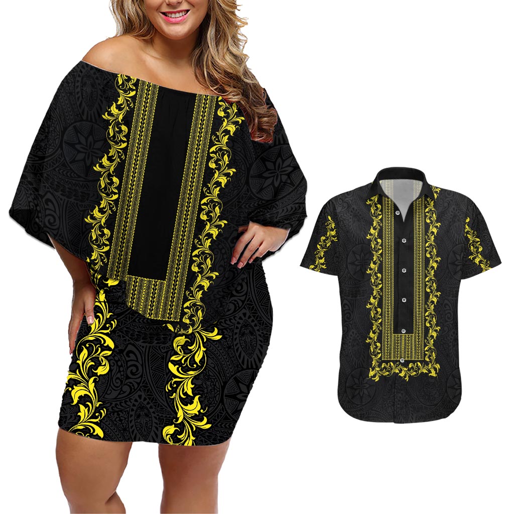 Philippines Polynesian Floral Pattern Couples Matching Off Shoulder Short Dress and Hawaiian Shirt With Barong Tagalog Black Style