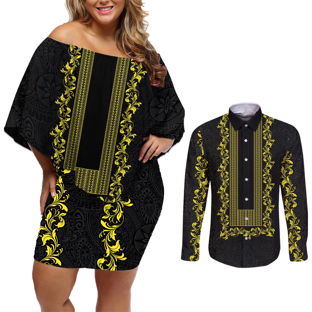 Philippines Polynesian Floral Pattern Couples Matching Off Shoulder Short Dress and Long Sleeve Button Shirt With Barong Tagalog Black Style