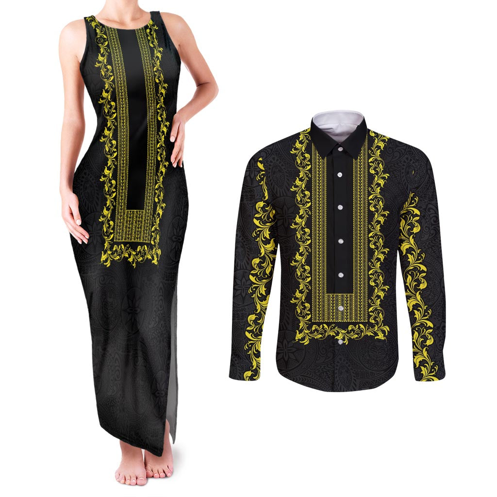 Philippines Polynesian Floral Pattern Couples Matching Tank Maxi Dress and Long Sleeve Button Shirt With Barong Tagalog Black Style