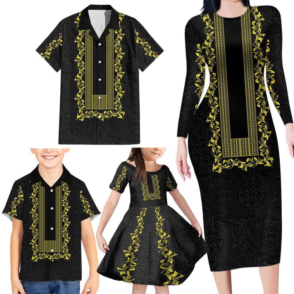 Philippines Polynesian Floral Pattern Family Matching Long Sleeve Bodycon Dress and Hawaiian Shirt With Barong Tagalog Black Style