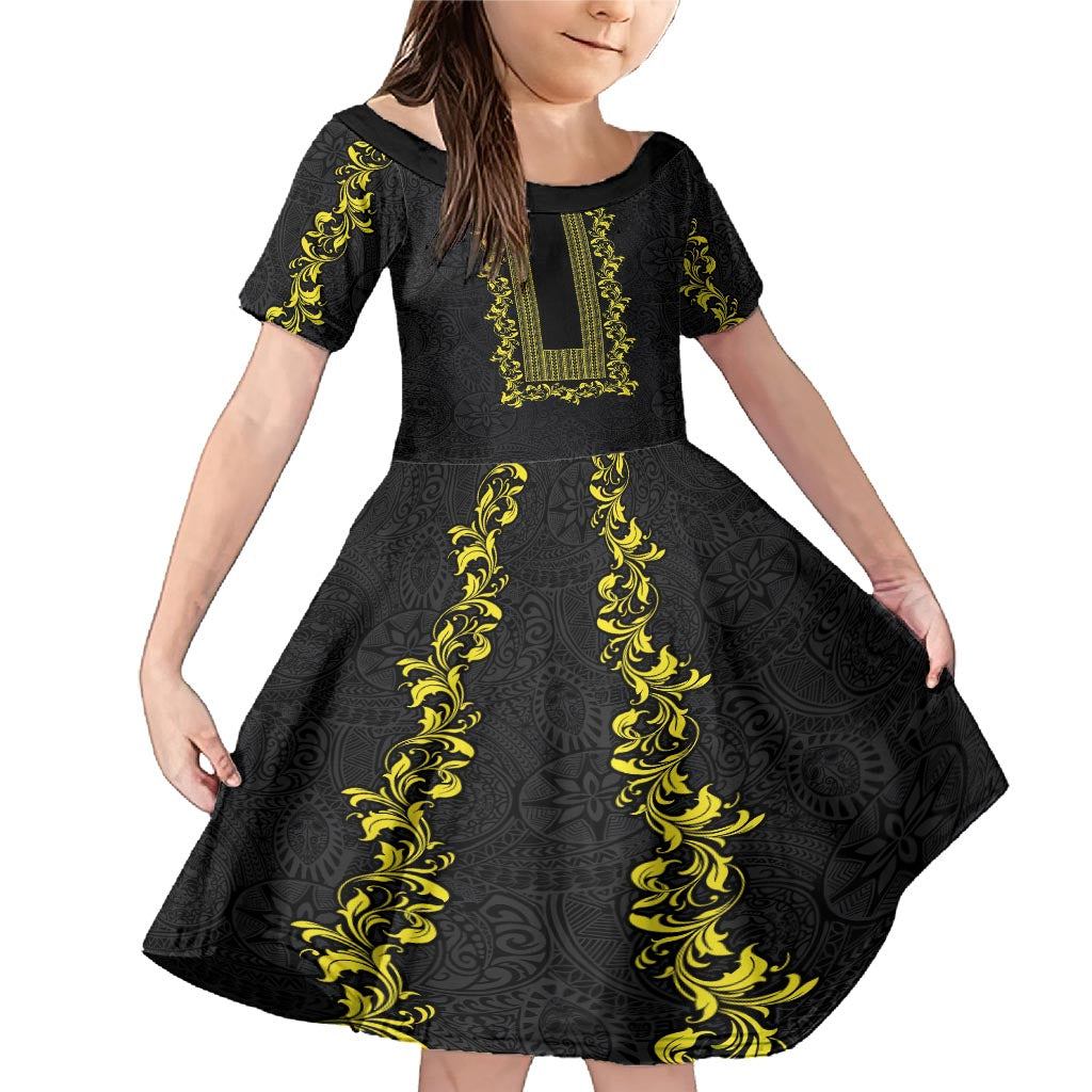 Philippines Polynesian Floral Pattern Family Matching Mermaid Dress and Hawaiian Shirt With Barong Tagalog Black Style