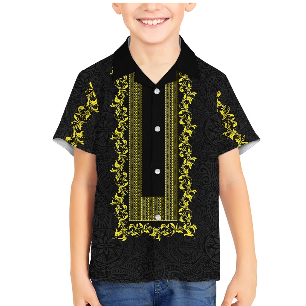 Philippines Polynesian Floral Pattern Family Matching Mermaid Dress and Hawaiian Shirt With Barong Tagalog Black Style