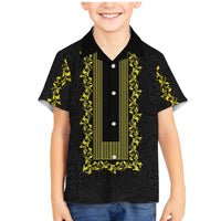 Philippines Polynesian Floral Pattern Family Matching Mermaid Dress and Hawaiian Shirt With Barong Tagalog Black Style