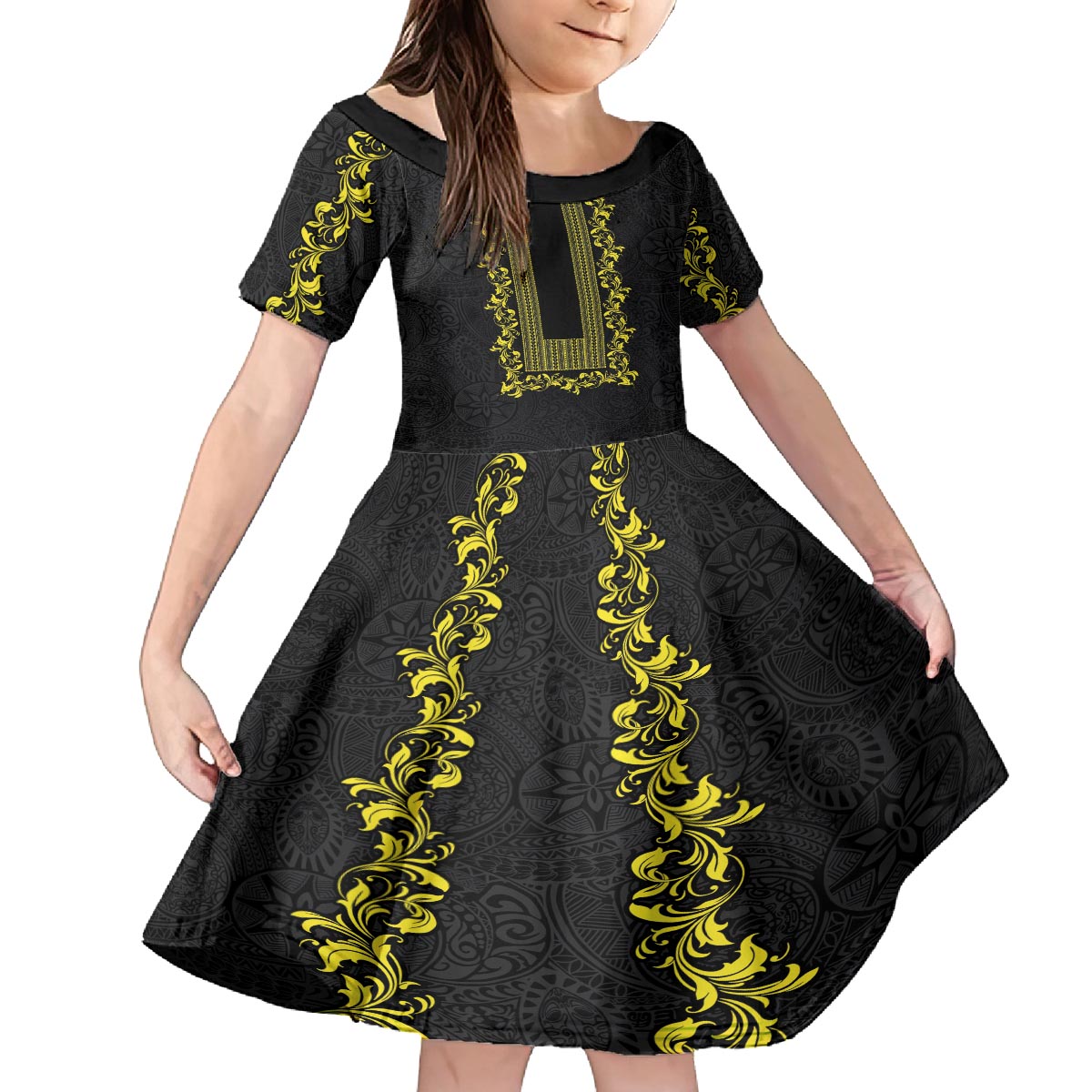 Philippines Polynesian Floral Pattern Family Matching Off The Shoulder Long Sleeve Dress and Hawaiian Shirt With Barong Tagalog Black Style