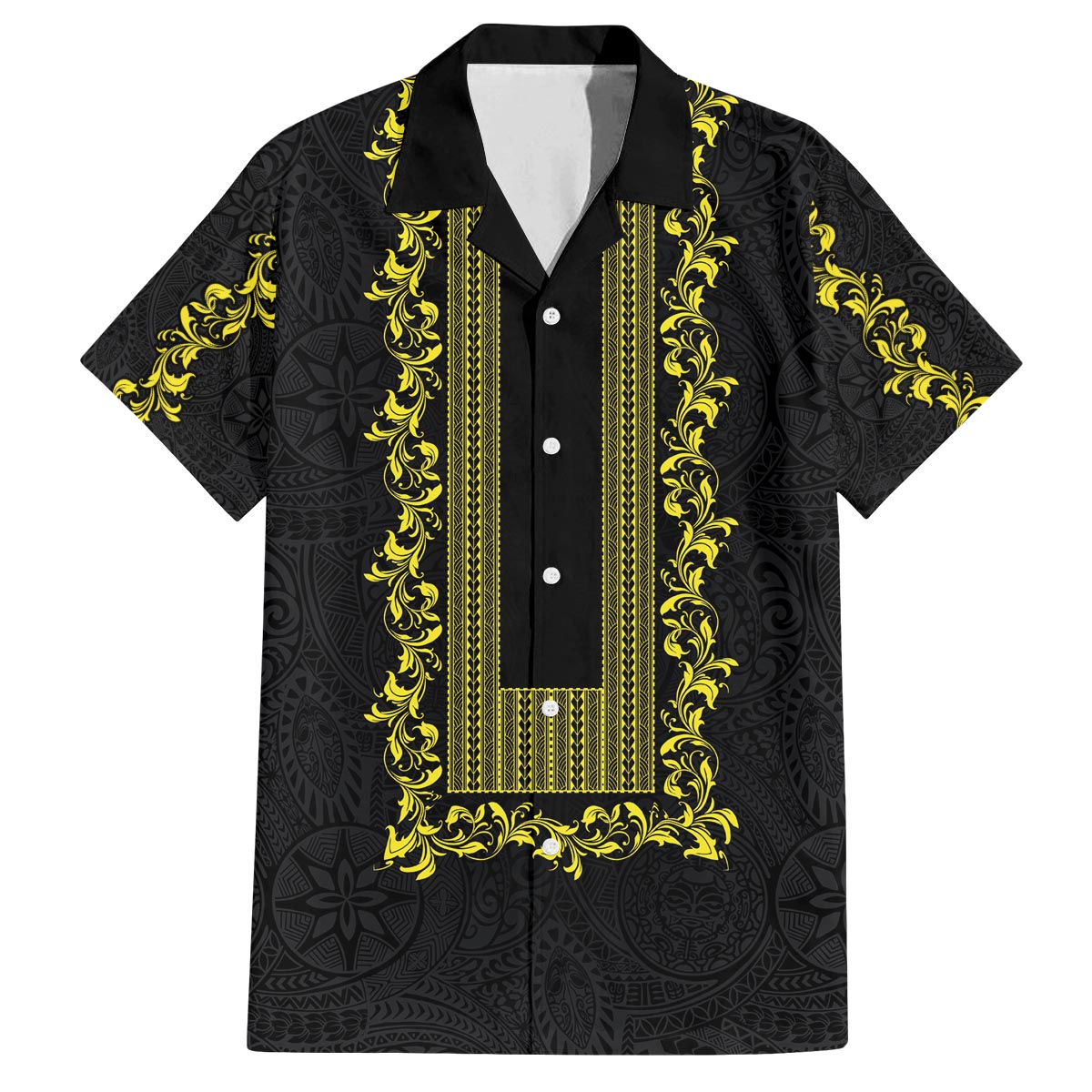 Philippines Polynesian Floral Pattern Family Matching Off The Shoulder Long Sleeve Dress and Hawaiian Shirt With Barong Tagalog Black Style