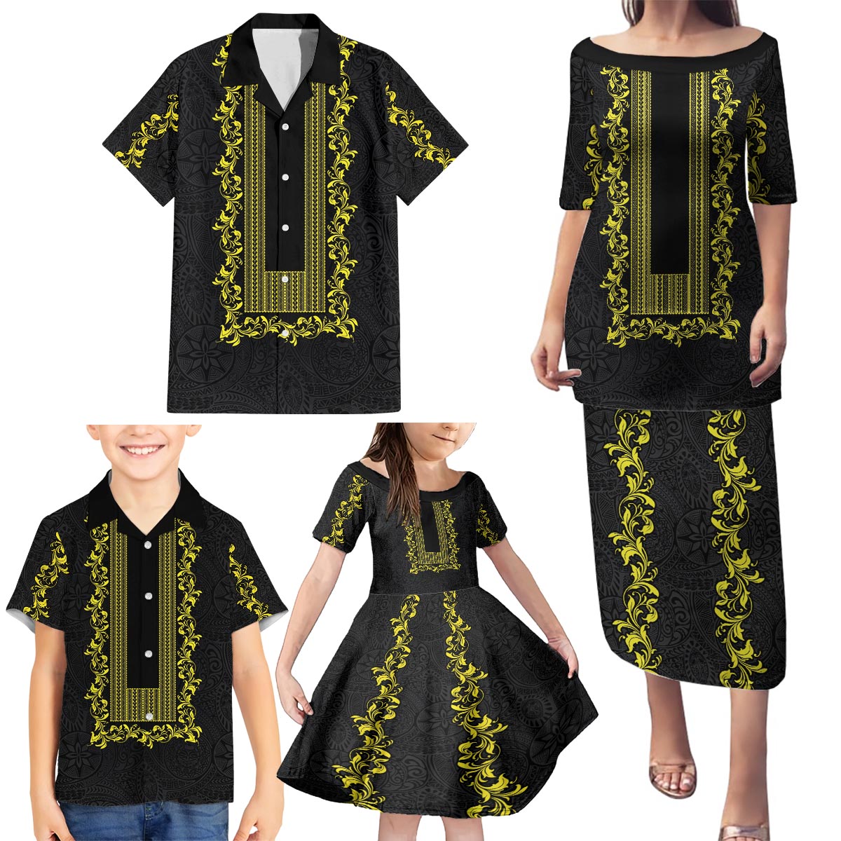 Philippines Polynesian Floral Pattern Family Matching Puletasi and Hawaiian Shirt With Barong Tagalog Black Style