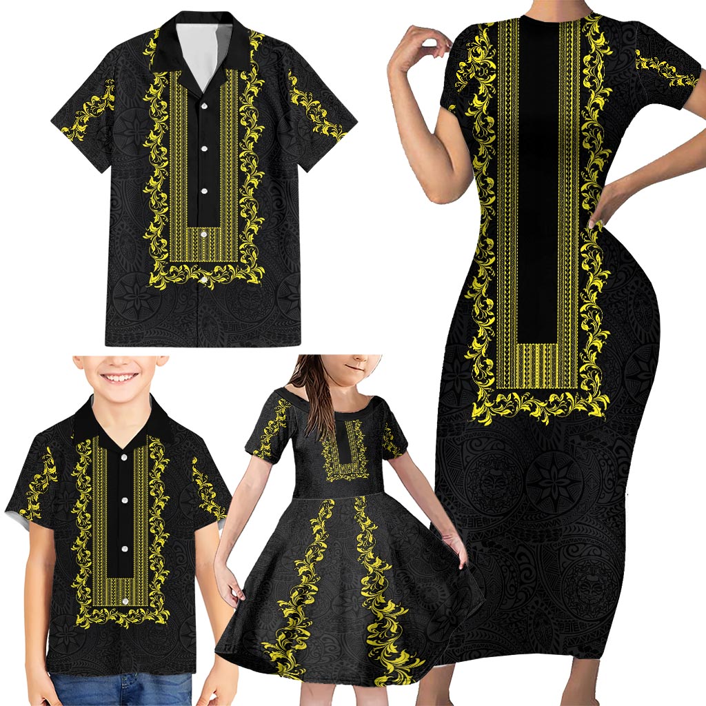 Philippines Polynesian Floral Pattern Family Matching Short Sleeve Bodycon Dress and Hawaiian Shirt With Barong Tagalog Black Style