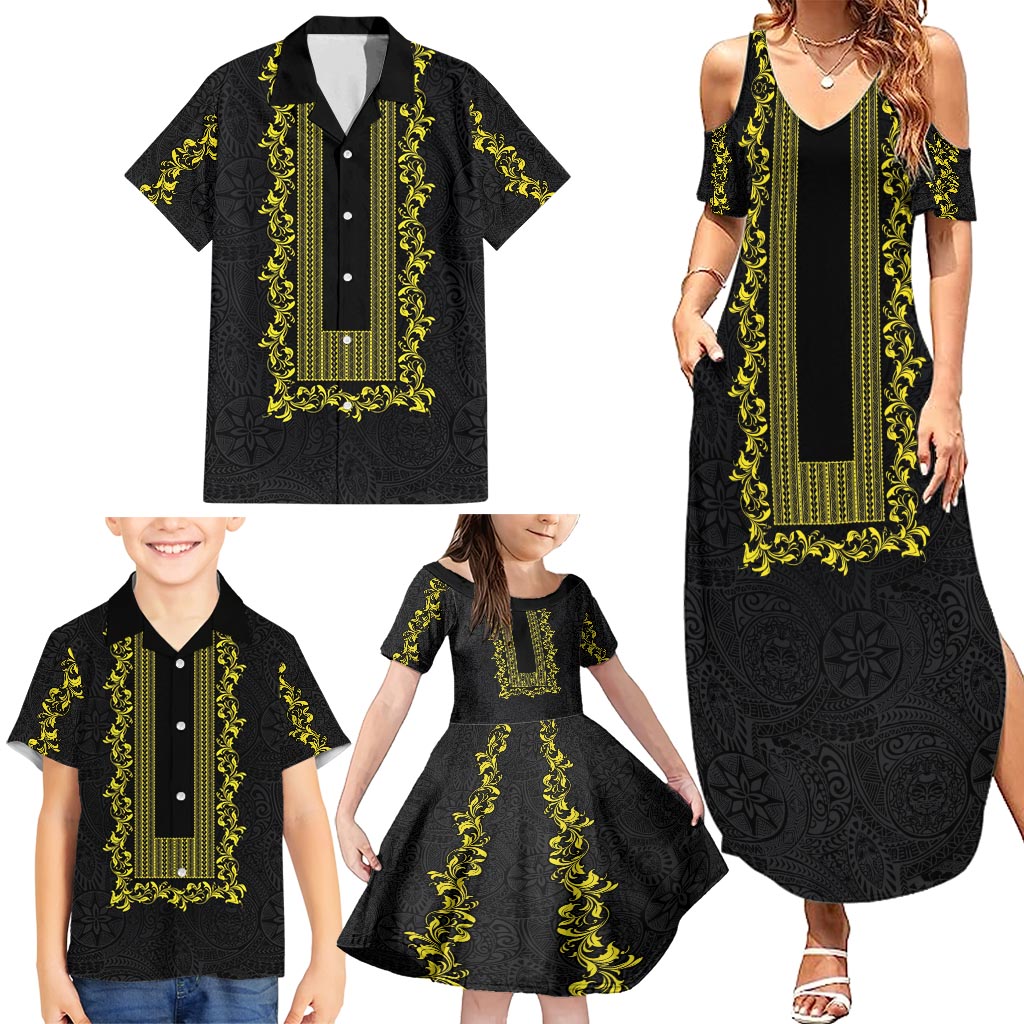 Philippines Polynesian Floral Pattern Family Matching Summer Maxi Dress and Hawaiian Shirt With Barong Tagalog Black Style