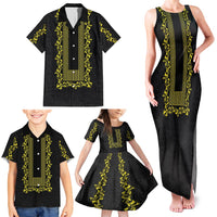 Philippines Polynesian Floral Pattern Family Matching Tank Maxi Dress and Hawaiian Shirt With Barong Tagalog Black Style