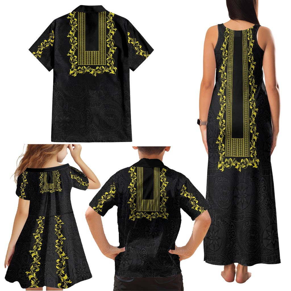 Philippines Polynesian Floral Pattern Family Matching Tank Maxi Dress and Hawaiian Shirt With Barong Tagalog Black Style