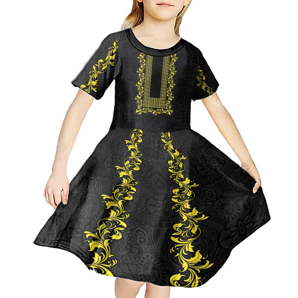 Philippines Polynesian Floral Pattern Kid Short Sleeve Dress With Barong Tagalog Black Style