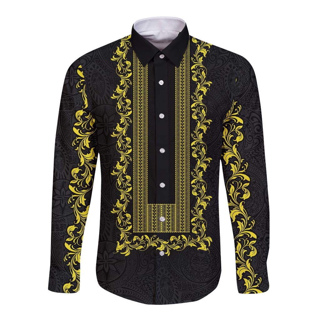 Philippines Polynesian Floral Pattern Long Sleeve Button Shirt With Barong Tagalog Black Style