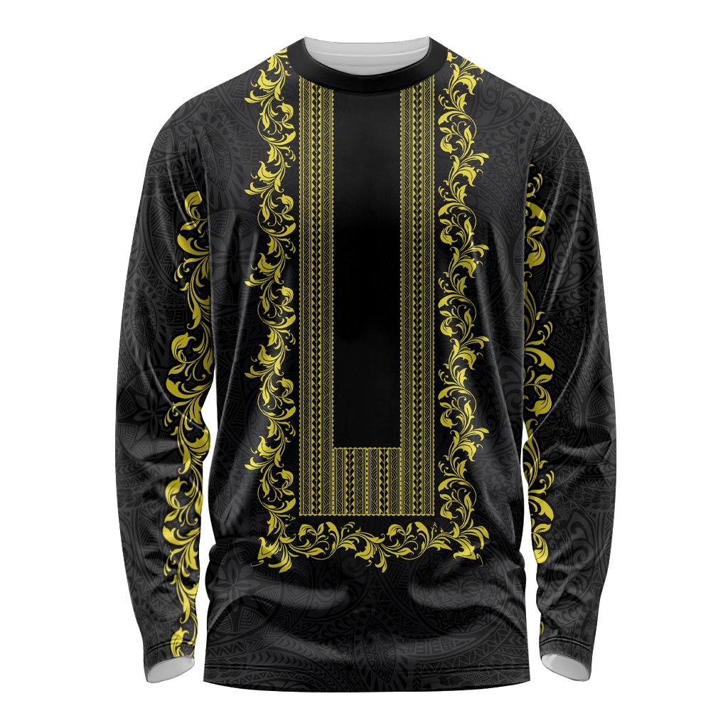 Philippines Polynesian Floral Pattern Long Sleeve Shirt With Barong Tagalog Black Style