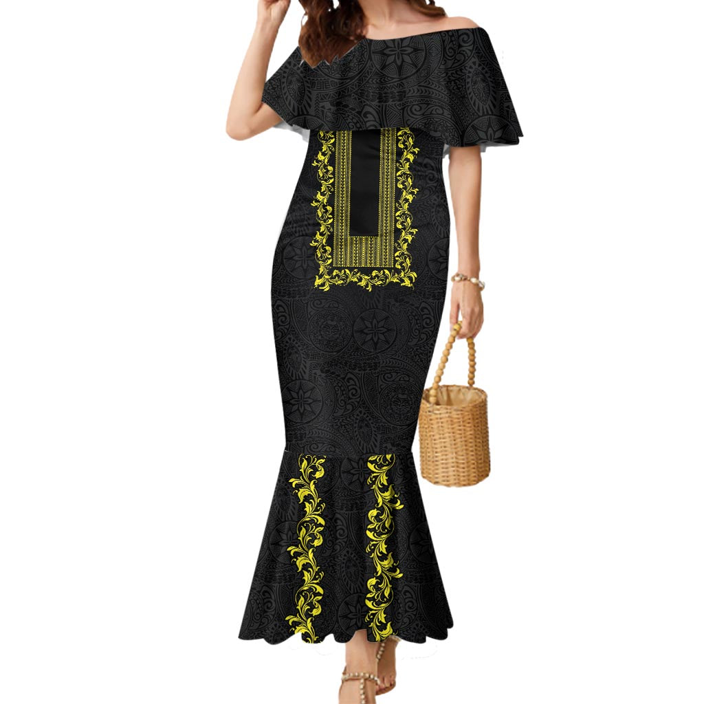 Philippines Polynesian Floral Pattern Mermaid Dress With Barong Tagalog Black Style