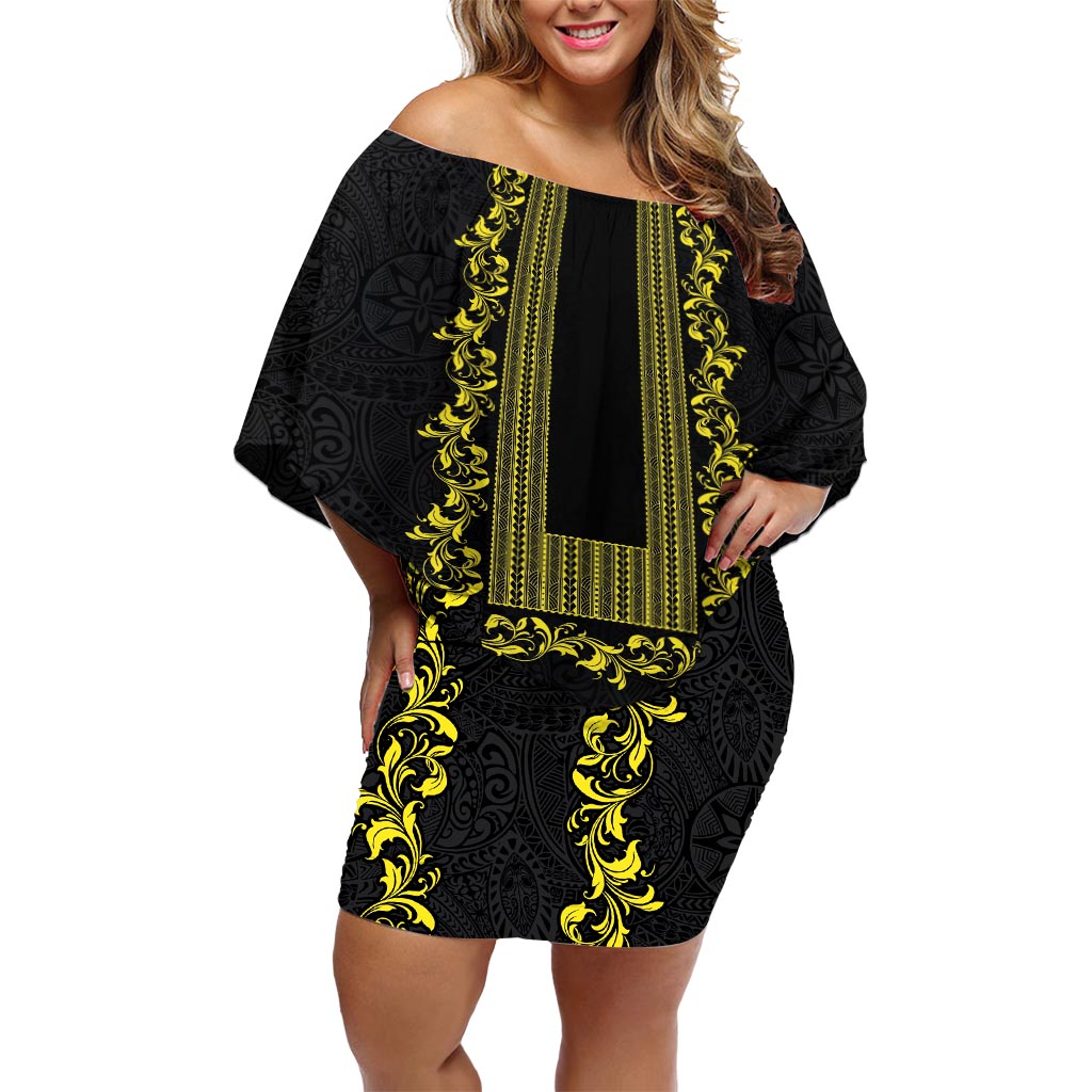 Philippines Polynesian Floral Pattern Off Shoulder Short Dress With Barong Tagalog Black Style