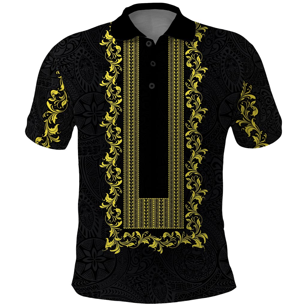 Philippines Polynesian Floral Pattern Polo Shirt With Barong Tagalog Black Style