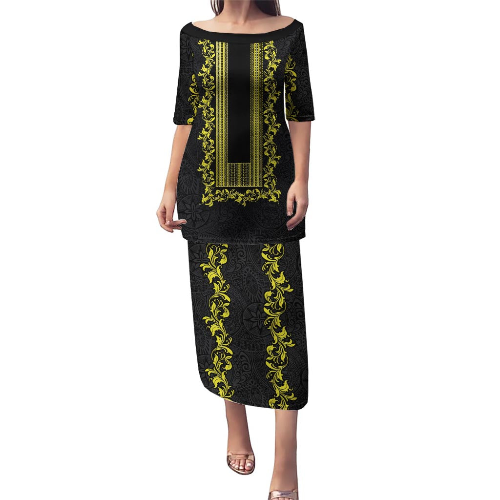 Philippines Polynesian Floral Pattern Puletasi With Barong Tagalog Black Style