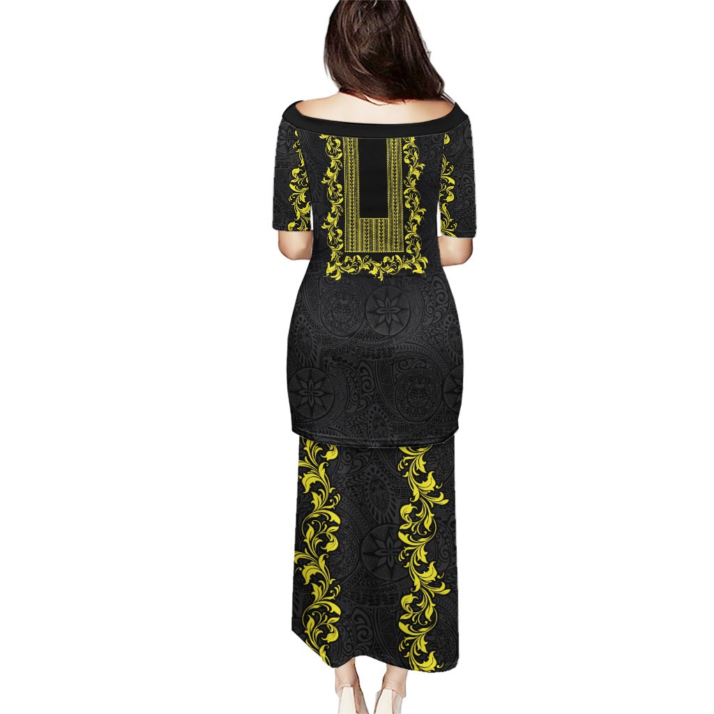 Philippines Polynesian Floral Pattern Puletasi With Barong Tagalog Black Style