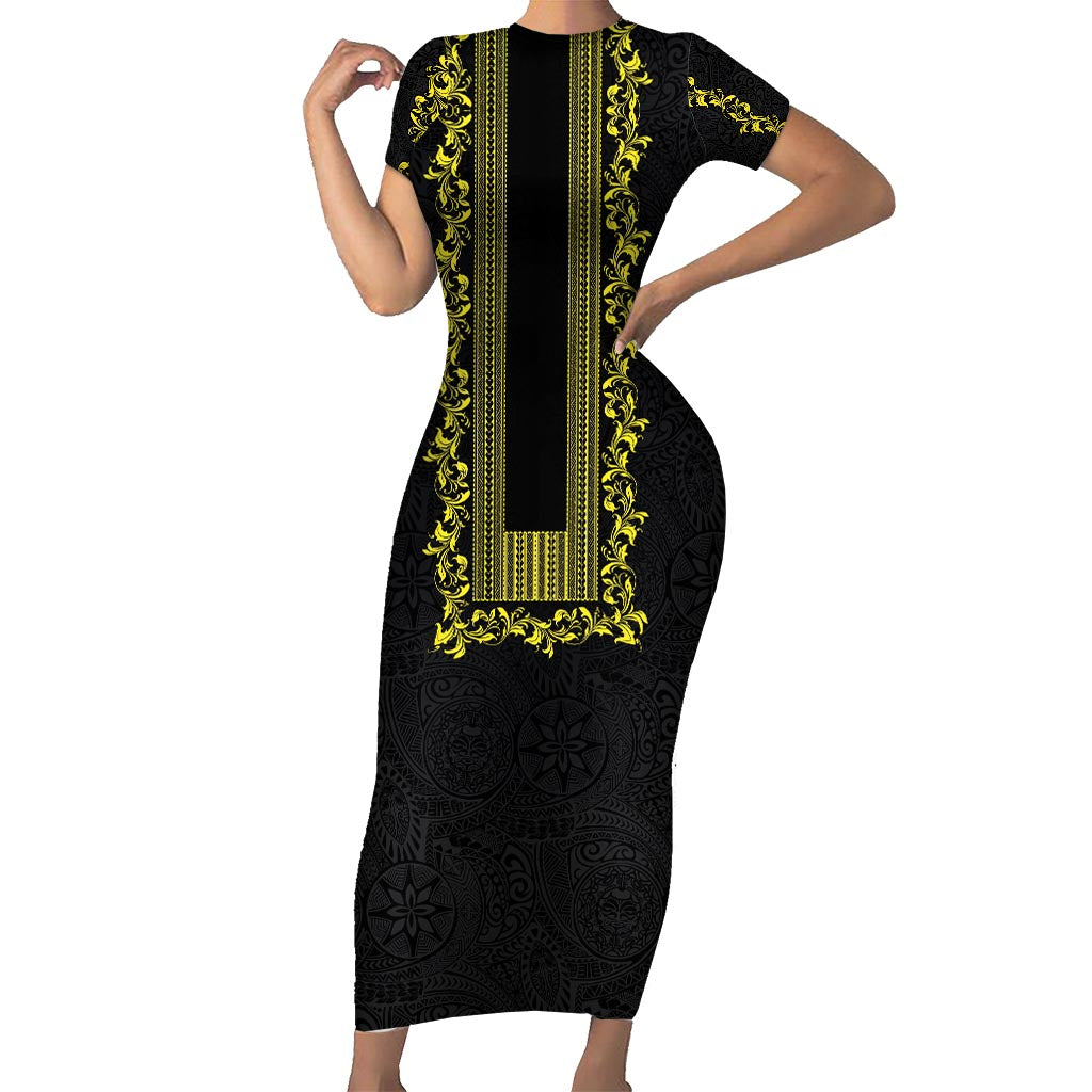 Philippines Polynesian Floral Pattern Short Sleeve Bodycon Dress With Barong Tagalog Black Style