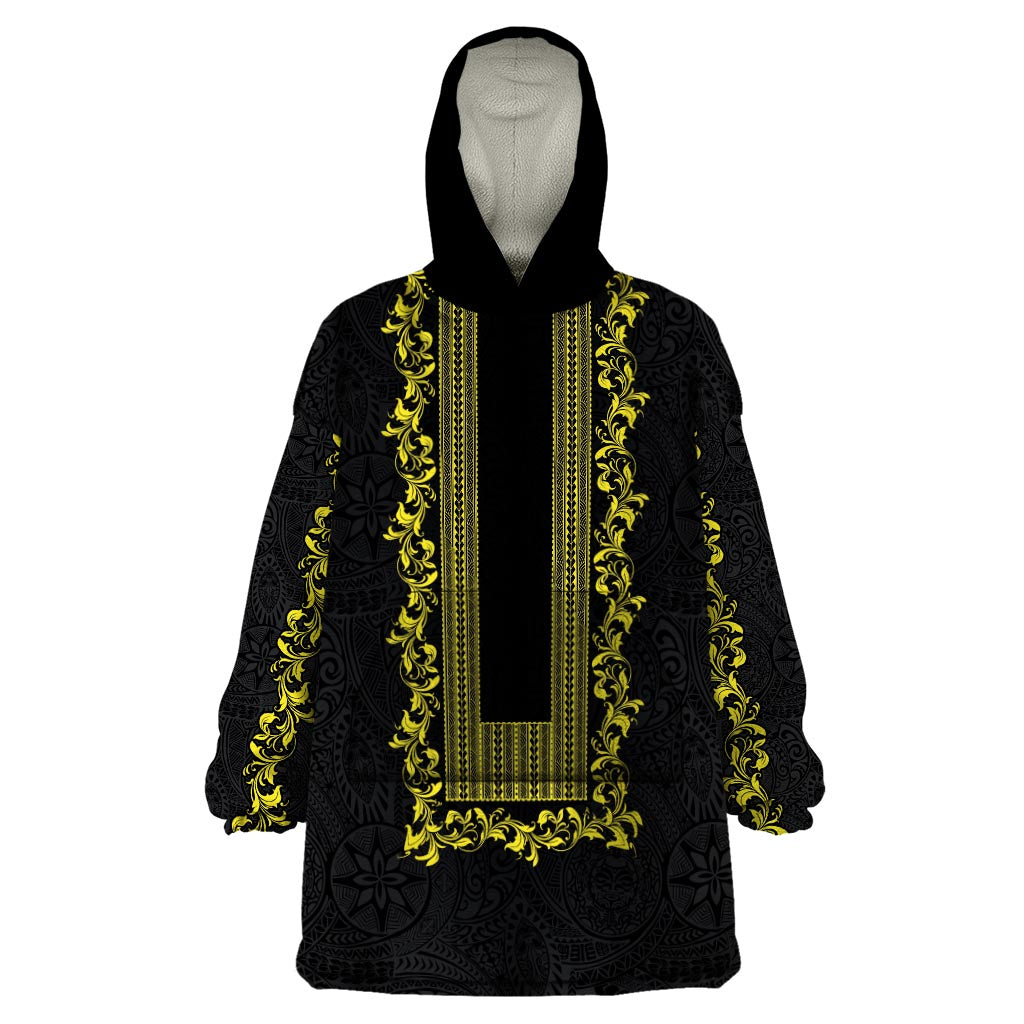 Philippines Polynesian Floral Pattern Wearable Blanket Hoodie With Barong Tagalog Black Style