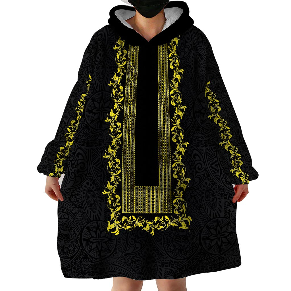 Philippines Polynesian Floral Pattern Wearable Blanket Hoodie With Barong Tagalog Black Style