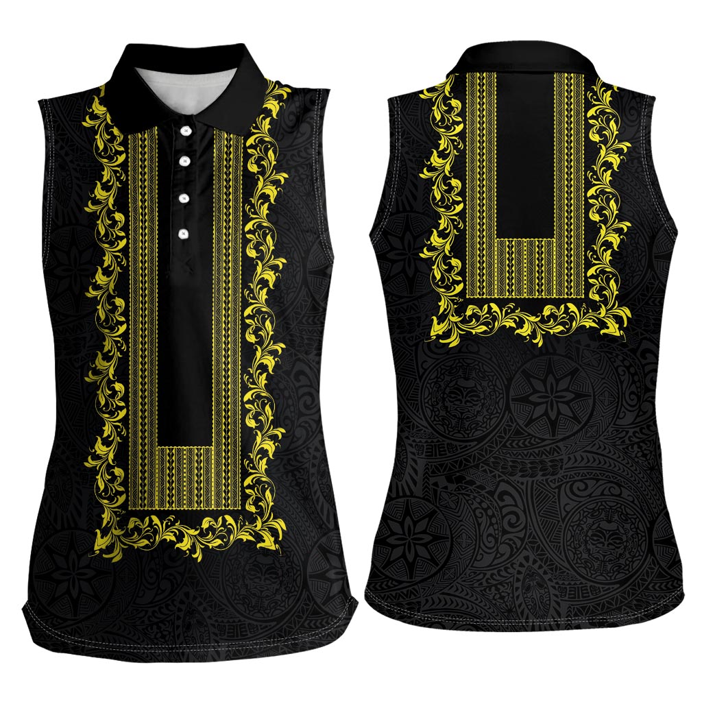 Philippines Polynesian Floral Pattern Women Sleeveless Polo Shirt With Barong Tagalog Black Style