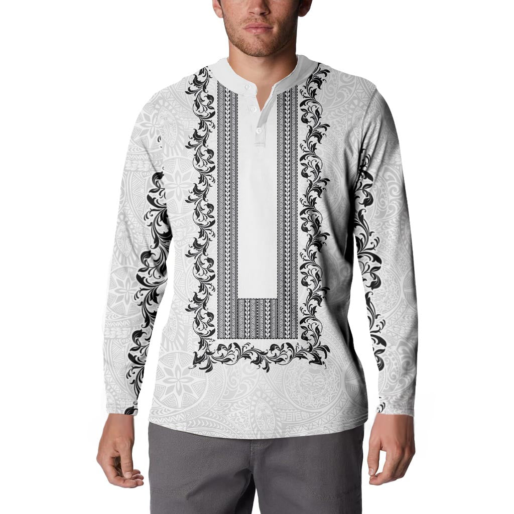 Philippines Polynesian Floral Pattern Button Sweatshirt With Barong Tagalog White Style