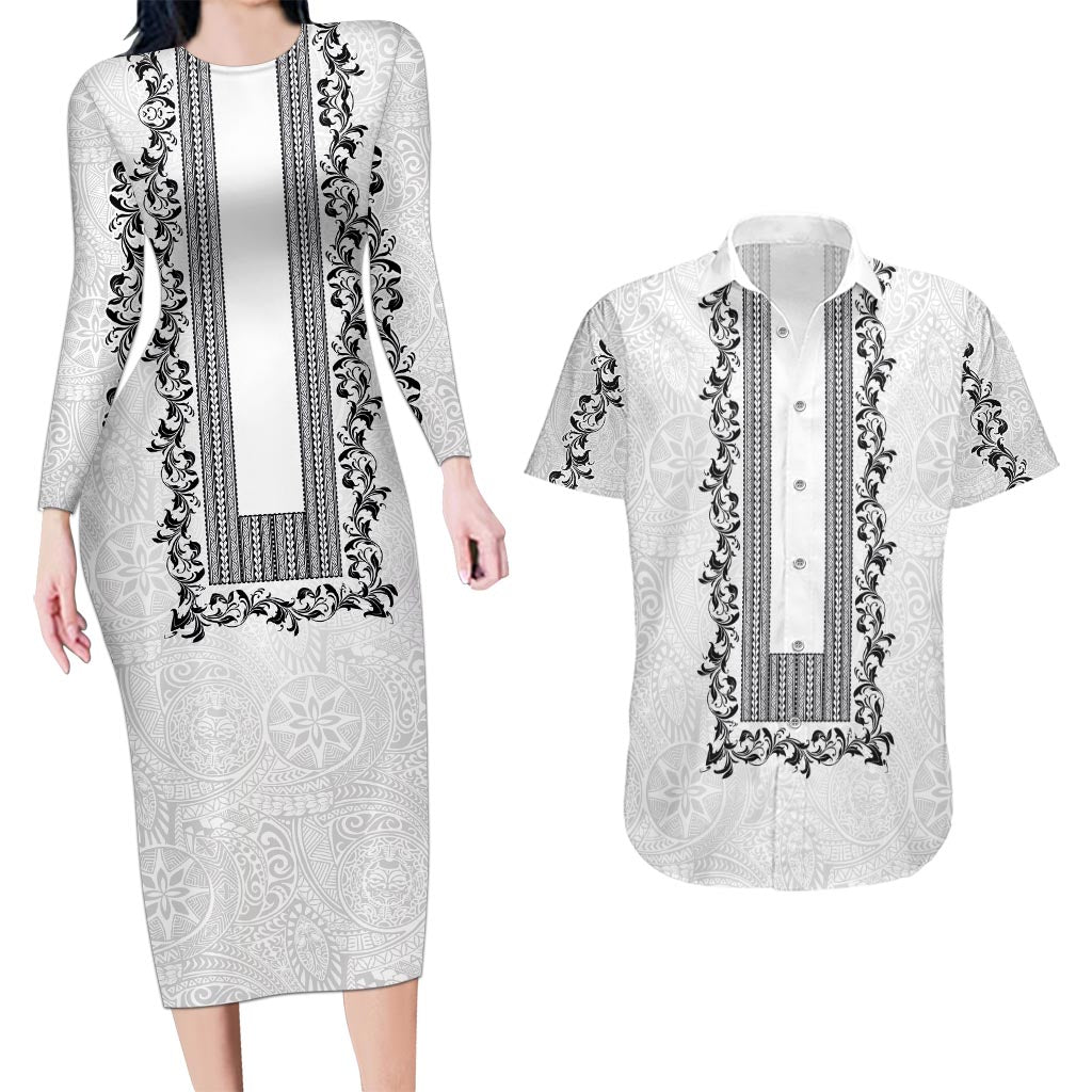 Philippines Polynesian Floral Pattern Couples Matching Long Sleeve Bodycon Dress and Hawaiian Shirt With Barong Tagalog White Style