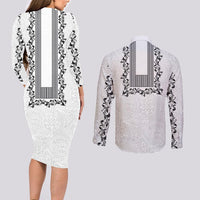 Philippines Polynesian Floral Pattern Couples Matching Long Sleeve Bodycon Dress and Long Sleeve Button Shirt With Barong Tagalog White Style