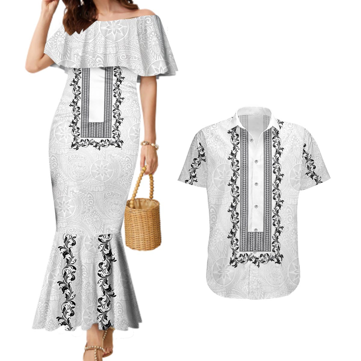 Philippines Polynesian Floral Pattern Couples Matching Mermaid Dress and Hawaiian Shirt With Barong Tagalog White Style