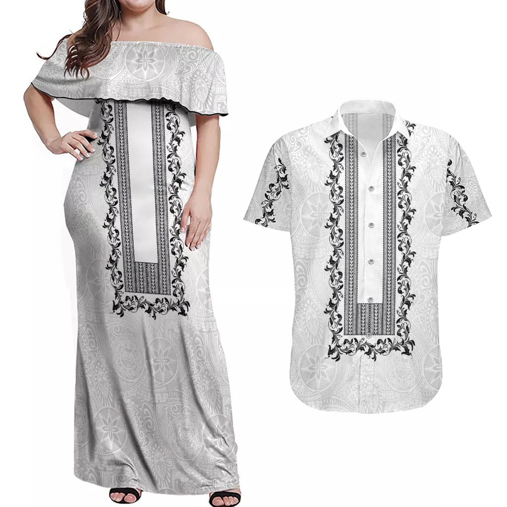 Philippines Polynesian Floral Pattern Couples Matching Off Shoulder Maxi Dress and Hawaiian Shirt With Barong Tagalog White Style