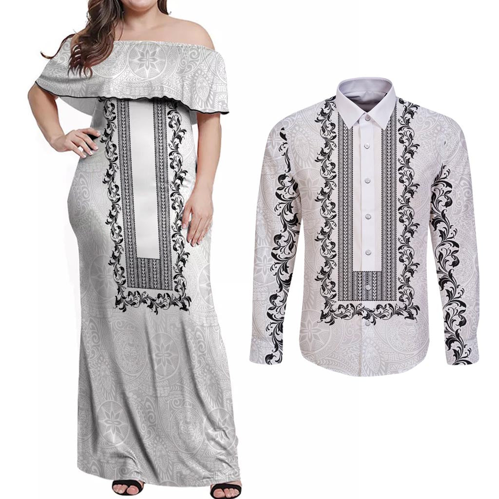 Philippines Polynesian Floral Pattern Couples Matching Off Shoulder Maxi Dress and Long Sleeve Button Shirt With Barong Tagalog White Style