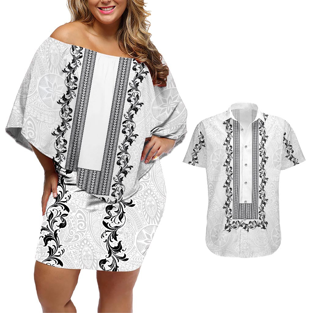 Philippines Polynesian Floral Pattern Couples Matching Off Shoulder Short Dress and Hawaiian Shirt With Barong Tagalog White Style