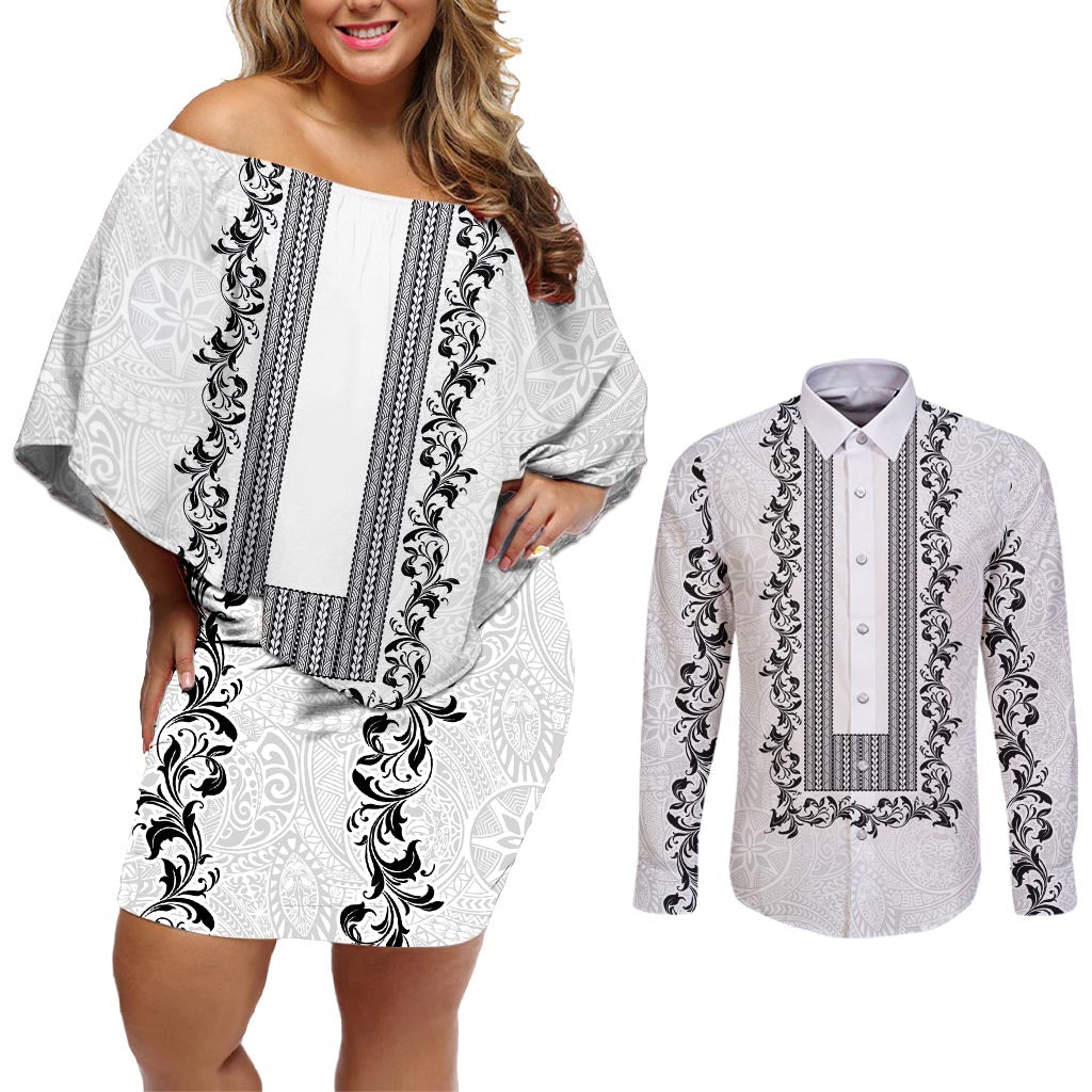 Philippines Polynesian Floral Pattern Couples Matching Off Shoulder Short Dress and Long Sleeve Button Shirt With Barong Tagalog White Style