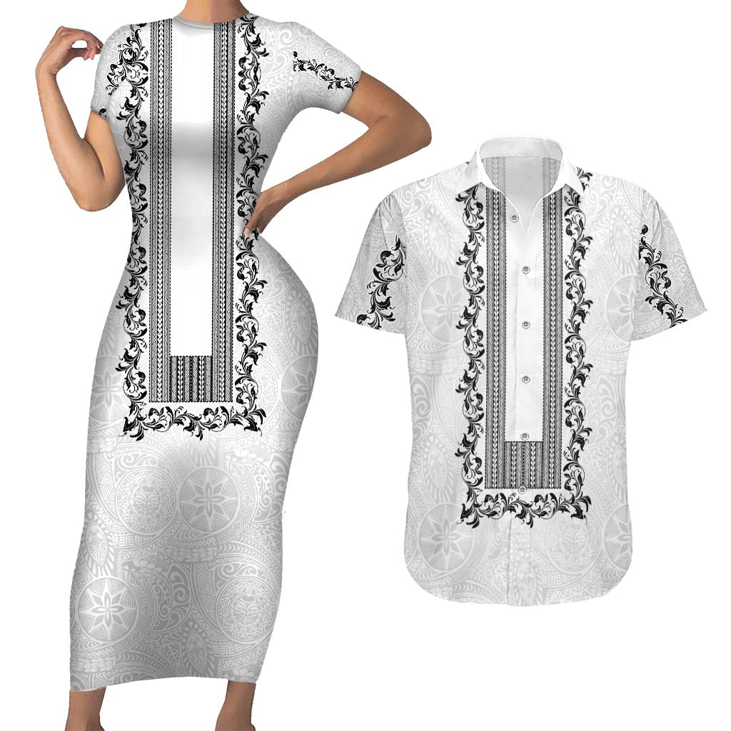 Philippines Polynesian Floral Pattern Couples Matching Short Sleeve Bodycon Dress and Hawaiian Shirt With Barong Tagalog White Style