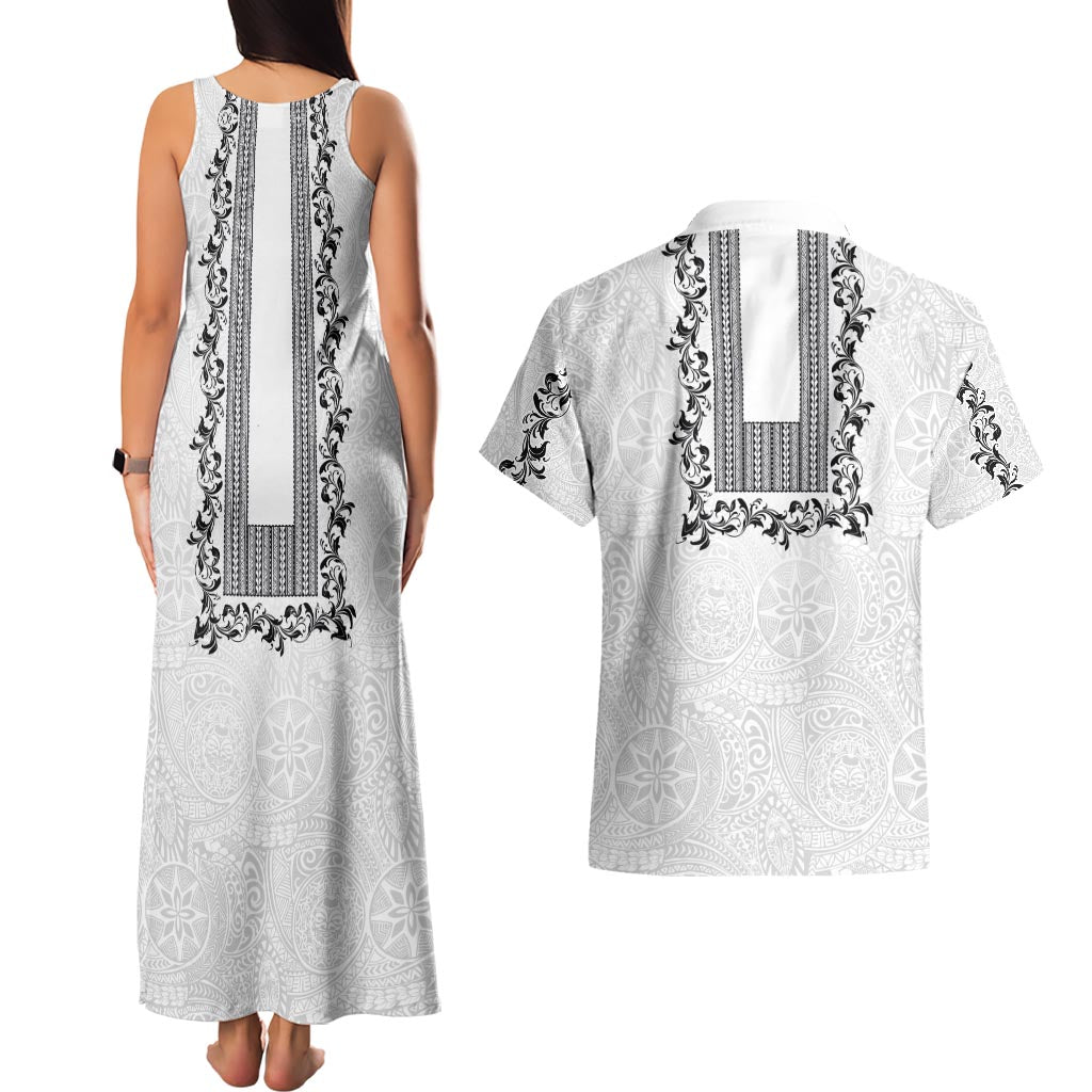 Philippines Polynesian Floral Pattern Couples Matching Tank Maxi Dress and Hawaiian Shirt With Barong Tagalog White Style